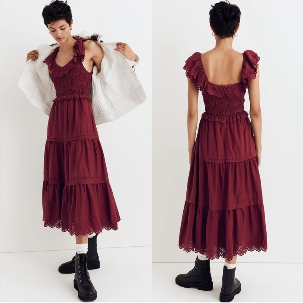 Madewell‎ Lucie Embroidered Cotton Midi Dress Ruffe Size 14 Red Maroon NH092